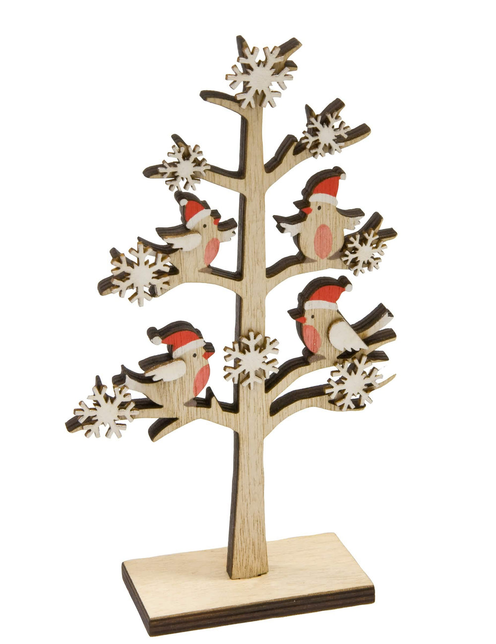 Decoração em madeira com árvore, pássaros empoleirados e flocos para natal, madeira natural e vermelho