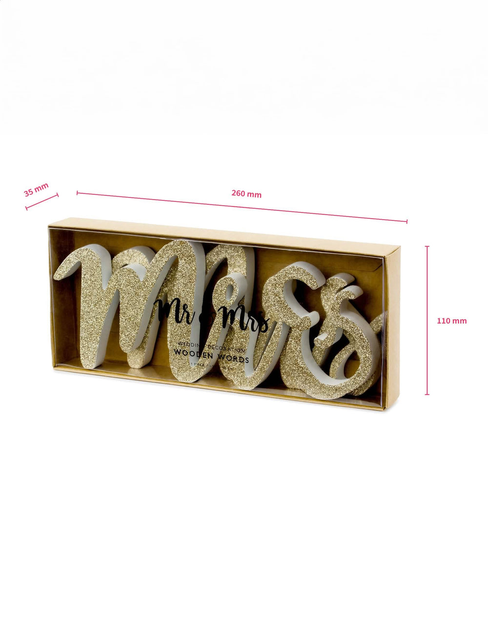 Detalhe das dimensões da decoração em madeira Mr et Mrs para casamento