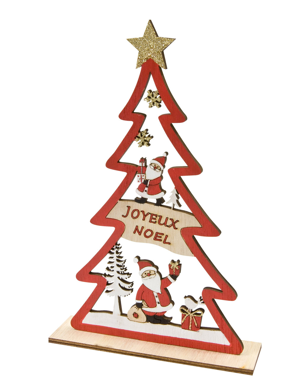 Décoration en bois sapin Joyeux Noël pour table rouge avec motifs de Père Noël