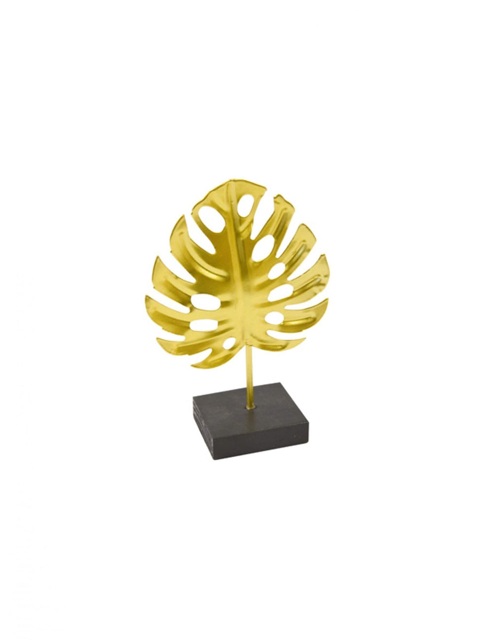 Decoração em metal sobre base em forma de folha tropical para festa dourada
