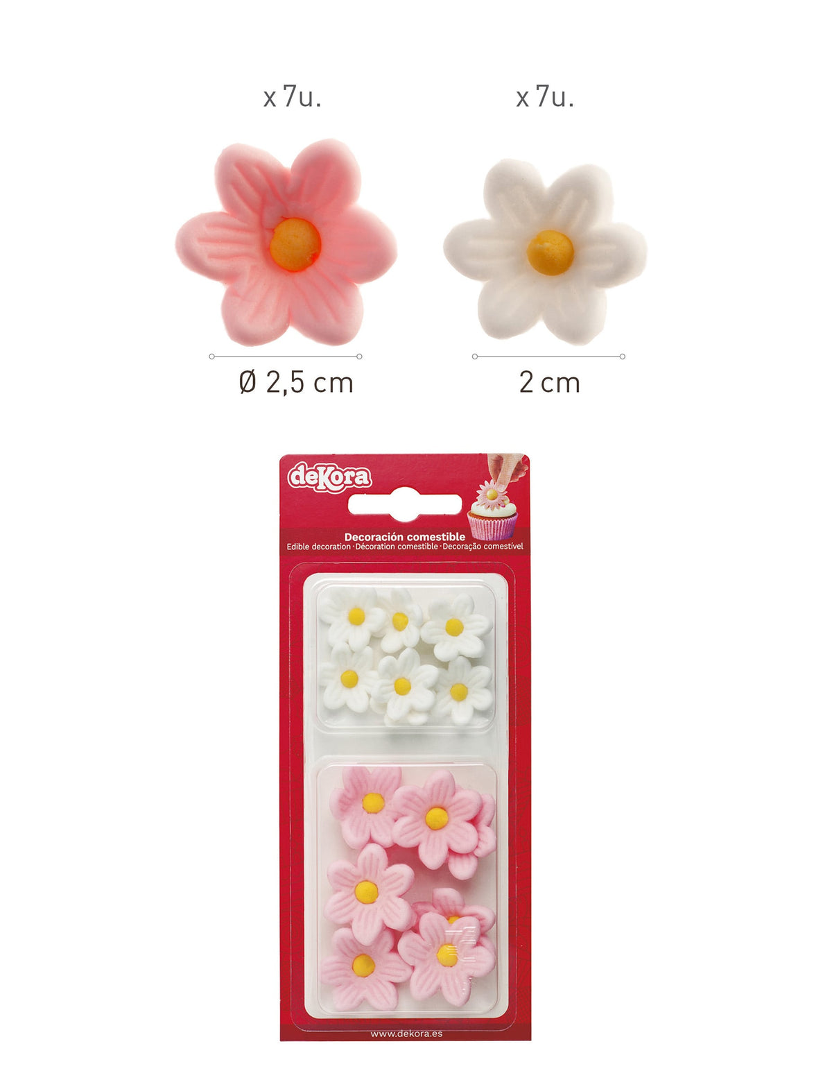 Détail du contenu et des dimensions des décorations en sucre marguerites pour gâteau
