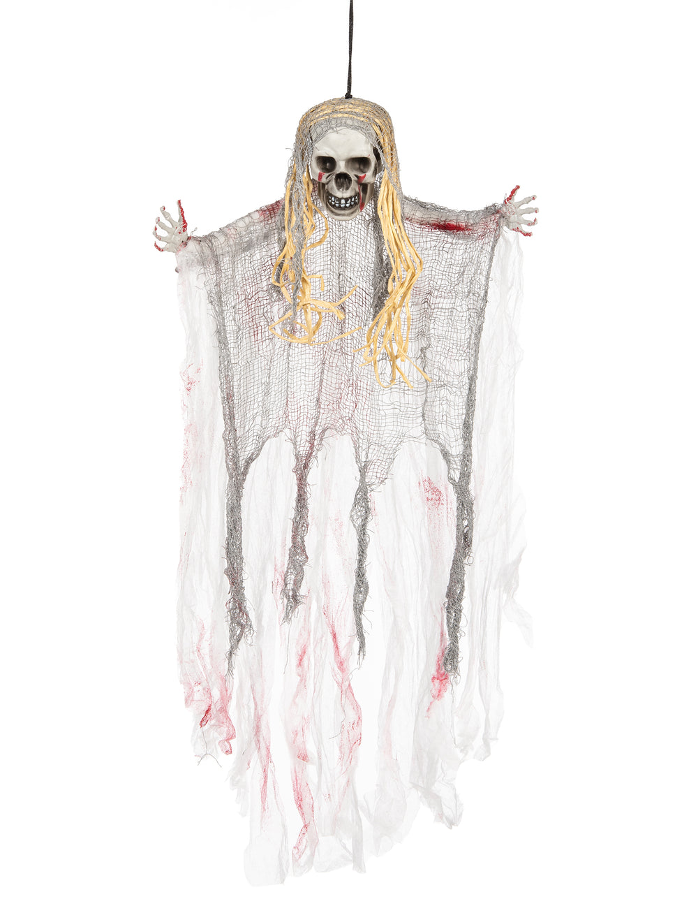 Décoration fantôme sanglant pour Halloween blanche et grise avec cheveux blonds