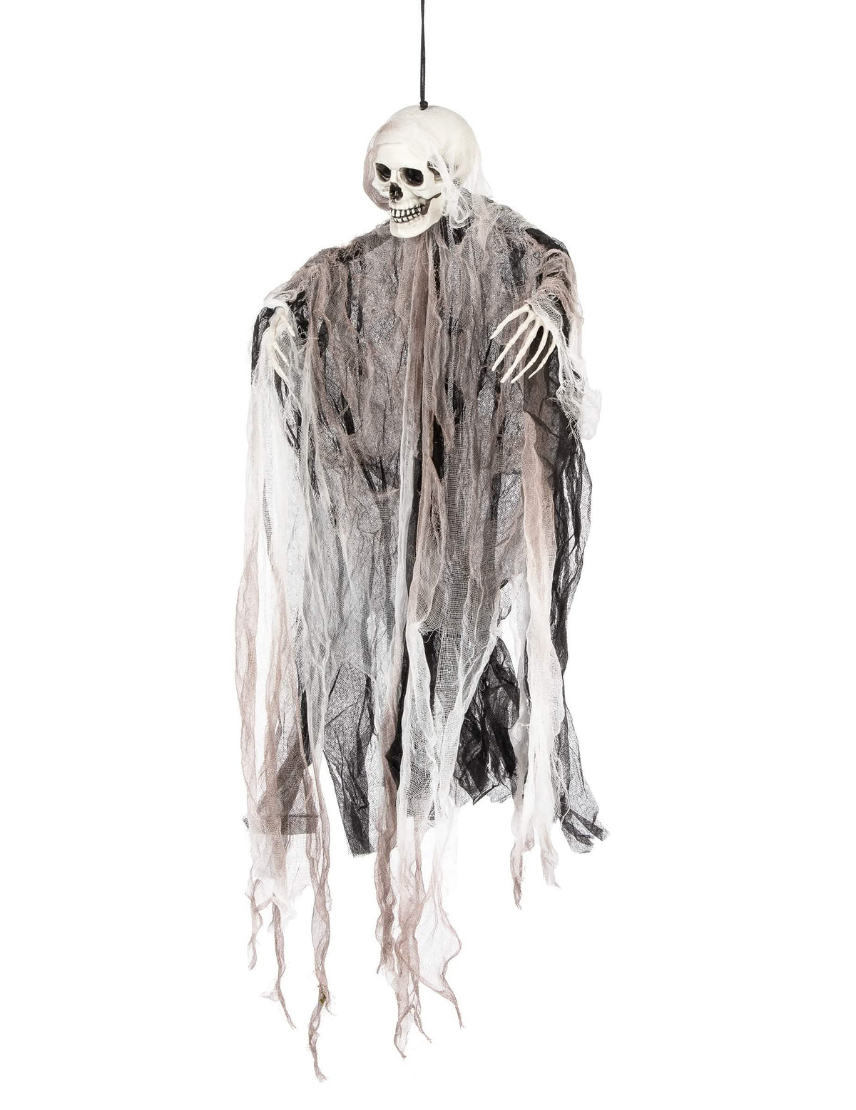 Decoração de ceifeiro esqueleto para pendurar, cinzento e branco, com véu rasgado