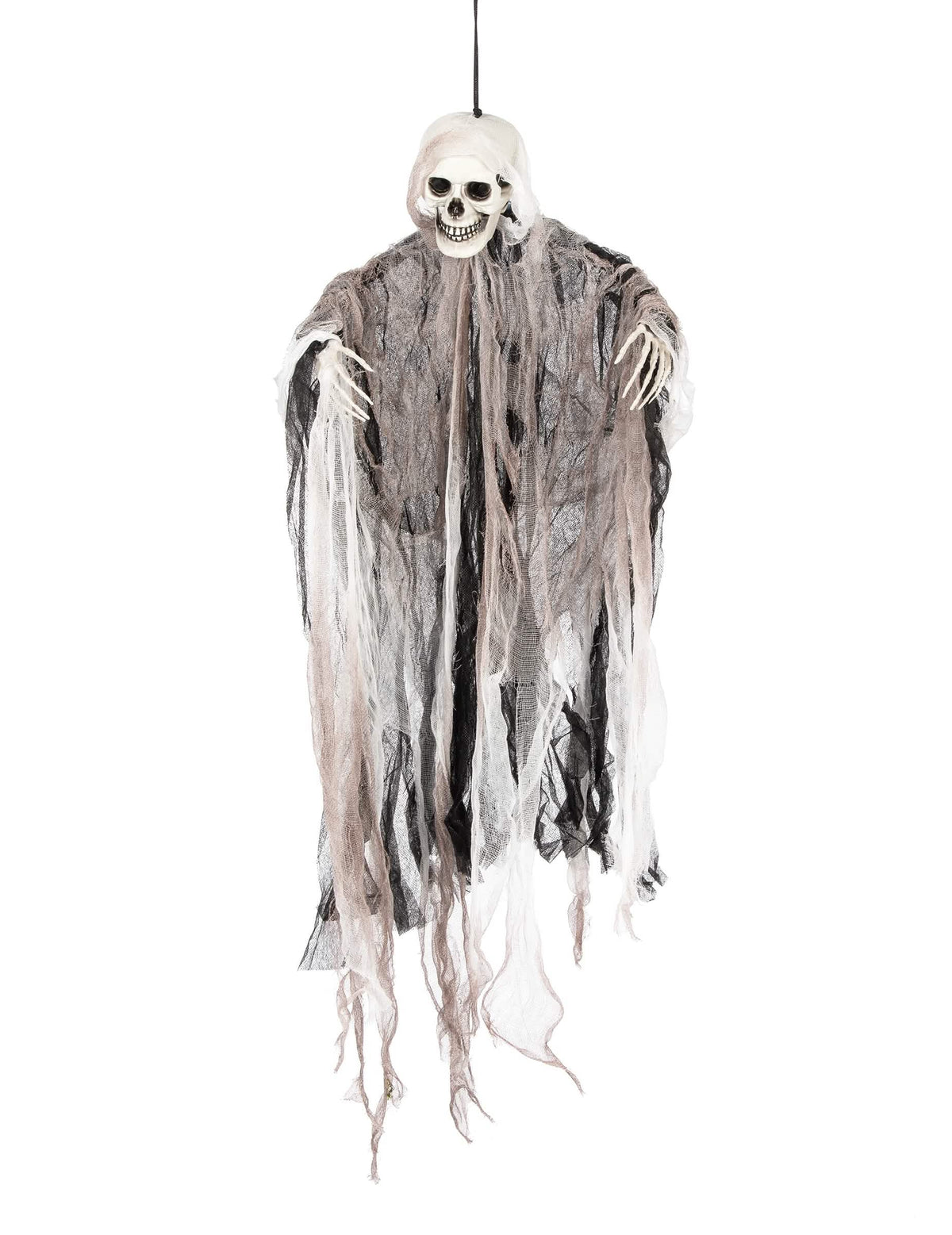Decoração de ceifeiro esqueleto para pendurar, preto e cinzento com véus brancos desfiados
