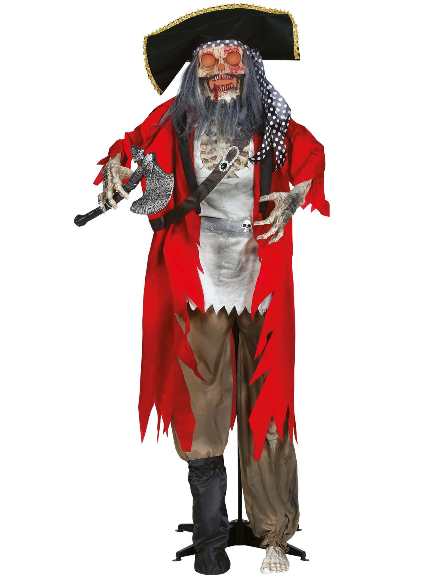 Décoration géante pirate animé rouge et noir squelette avec hache