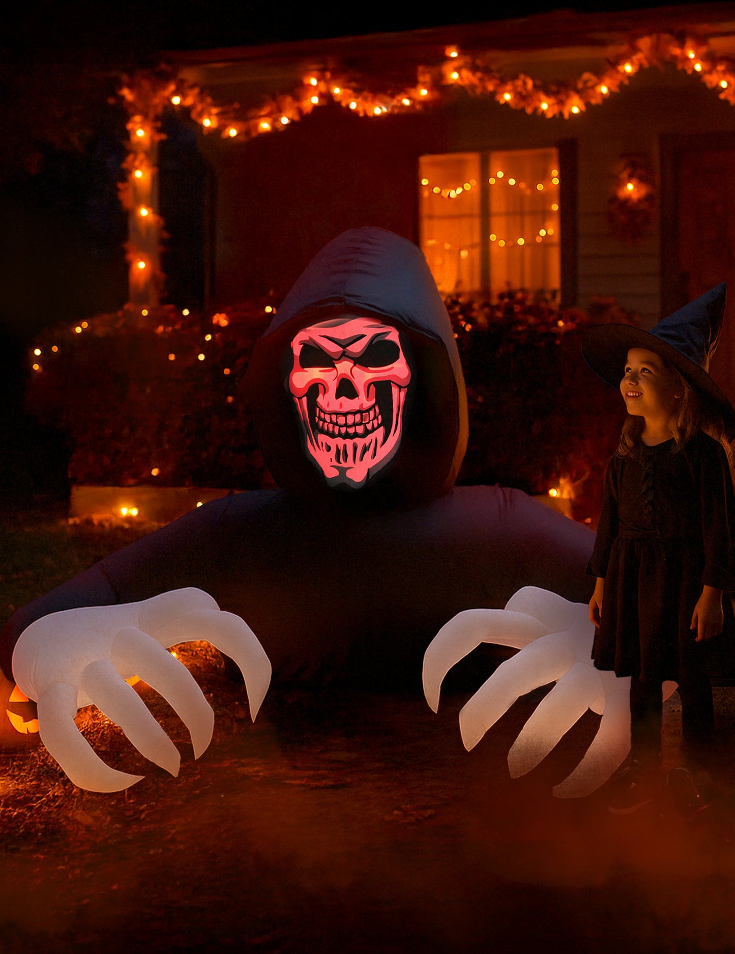 Décoration gonflable squelette à tête rouge pour Halloween noir avec mains blanches lumineuses