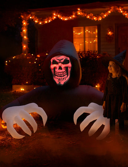 Décoration gonflable squelette à tête rouge pour Halloween noir avec mains blanches lumineuses