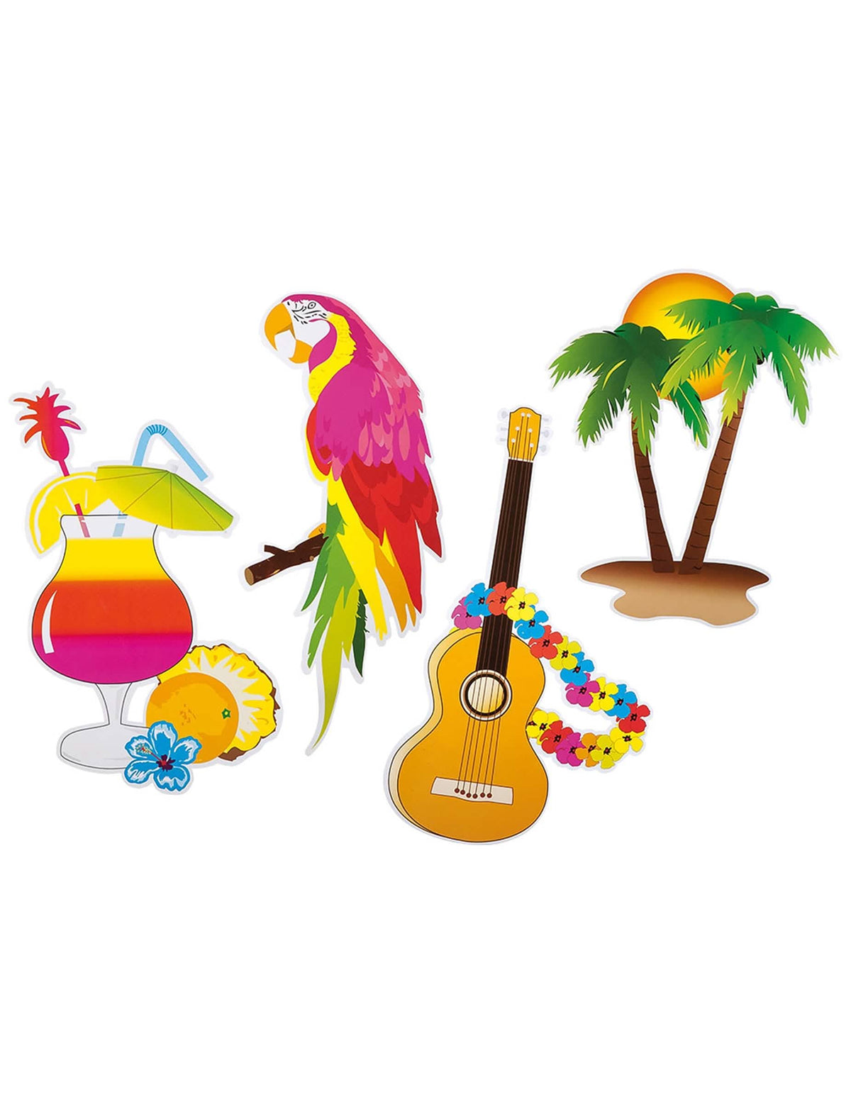 Decoração havaí para festa multicores com papagaio e palmeira