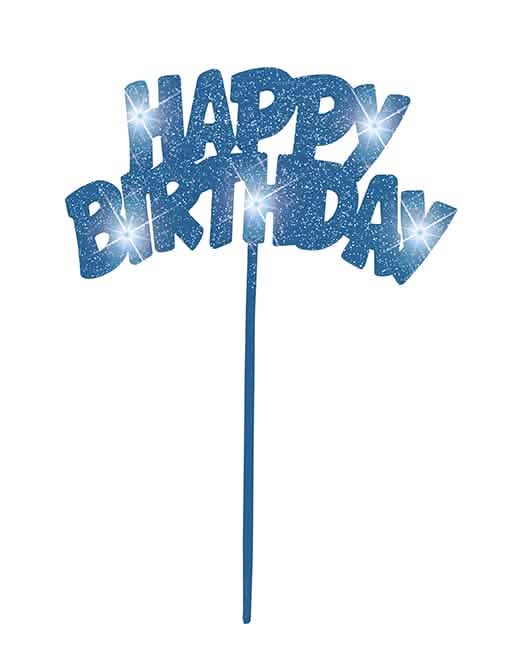 Decoração luminosa para bolos Happy Birthday para aniversário azul com brilhantes e led