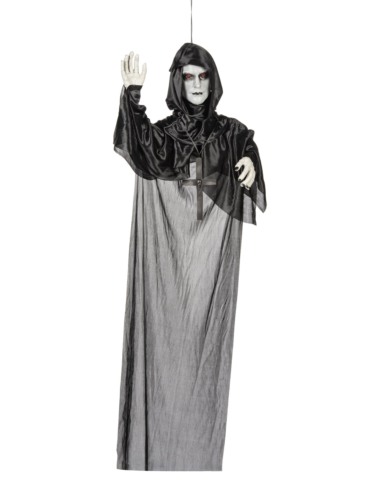 Décoration lumineuse moine suspendu pour Halloween noire et grise aux yeux rouges