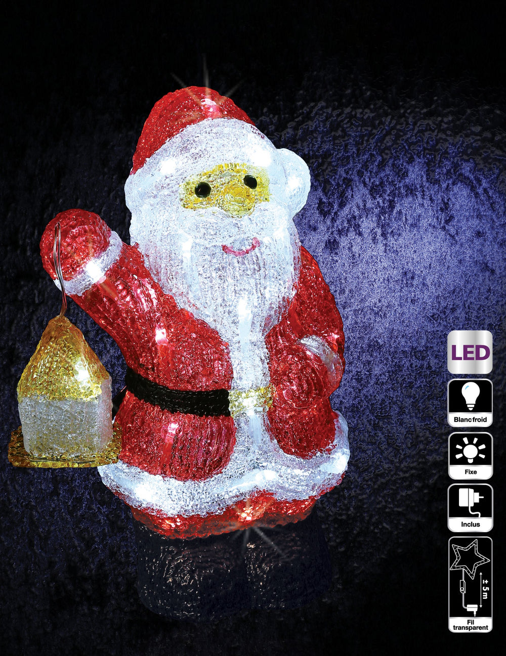 Décoration lumineuse Père Noël rouge et blanc à LED blanc froid avec lanterne sur secteur