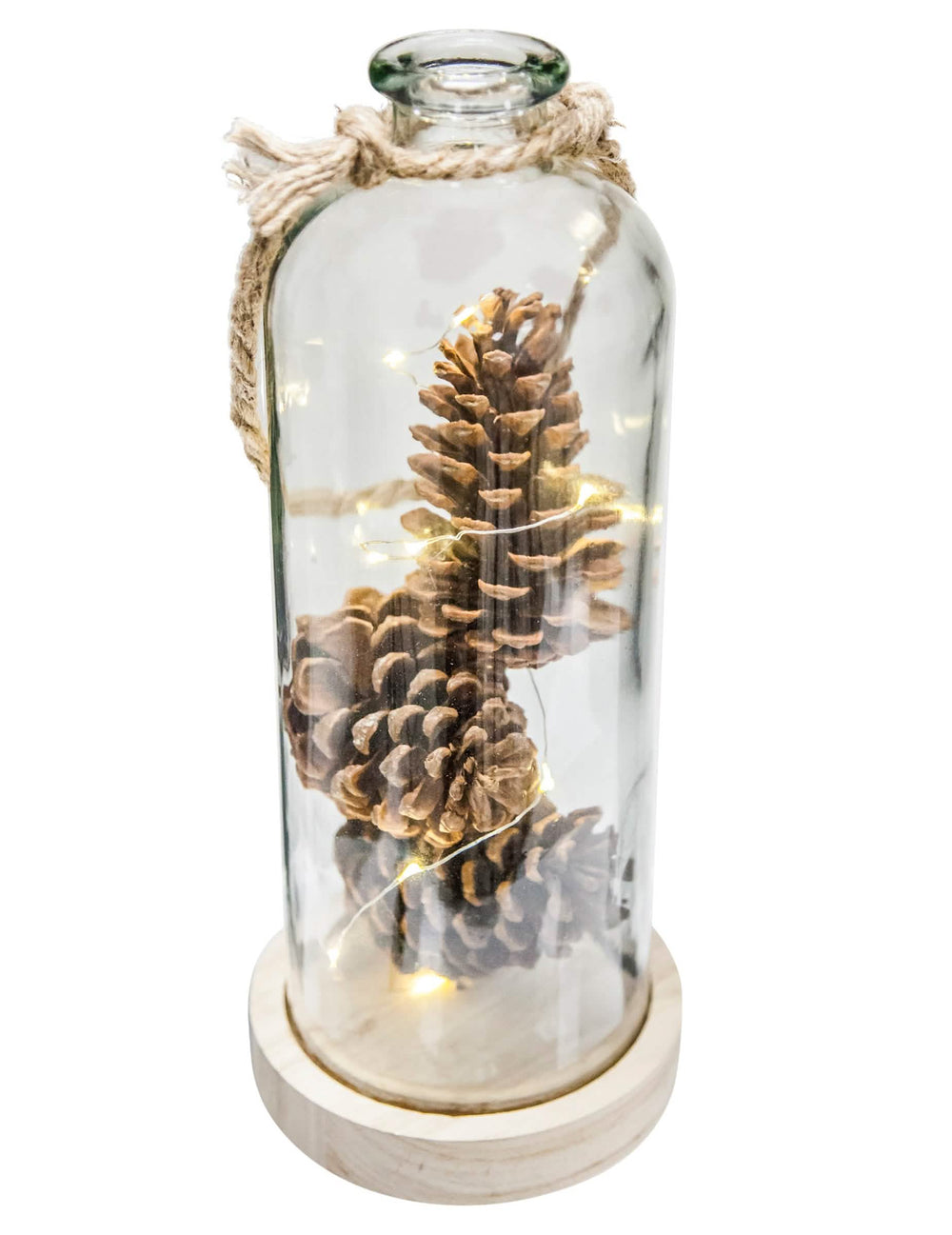 Vue de face de la décoration lumineuse vase avec pommes de pin