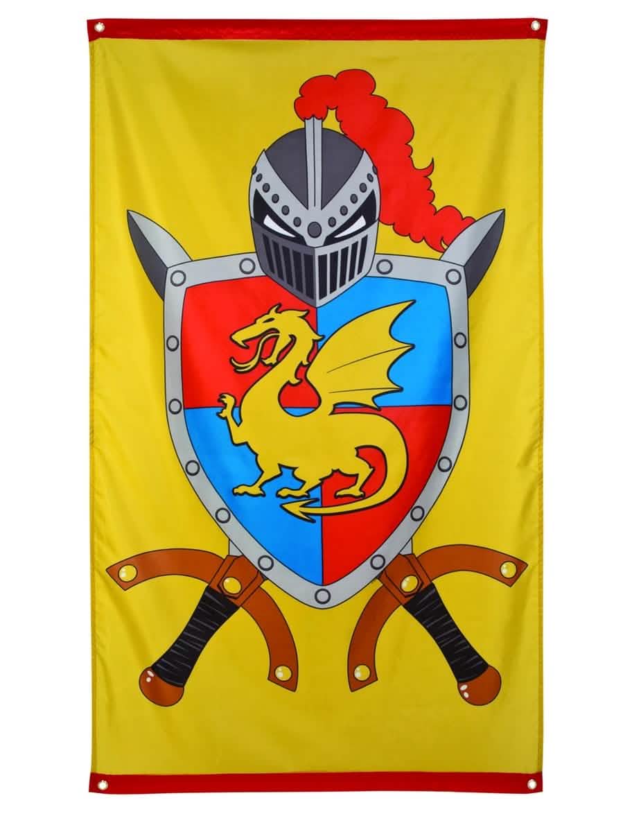 Decoração de parede cavaleiro amarelo com brasão de dragão e espadas