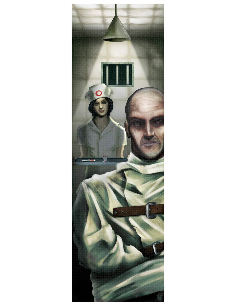 Decoração de parede enfermeira Zombie para halloween com paciente em camisa de forças