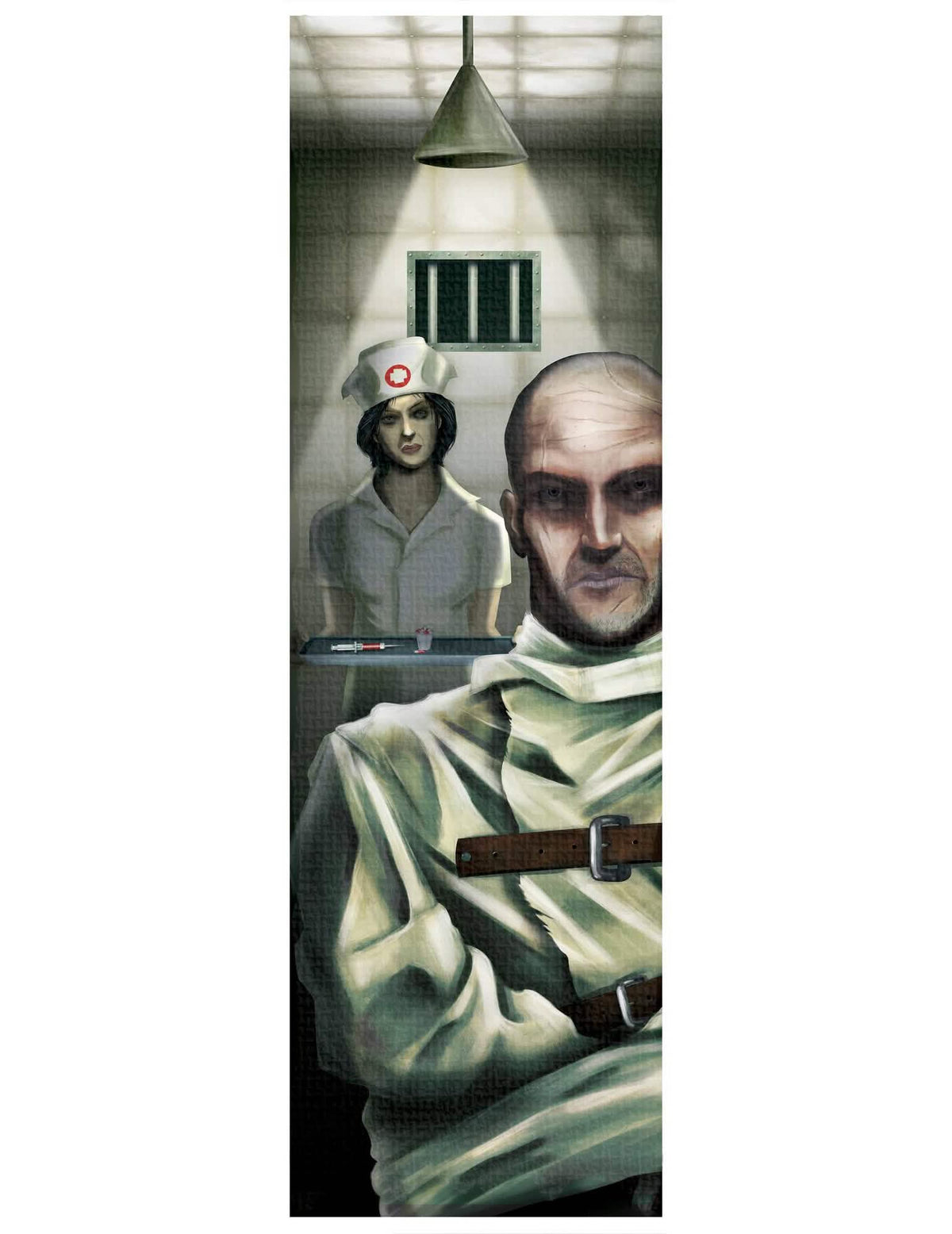 Decoração de parede enfermeira Zombie para halloween com paciente em camisa de forças