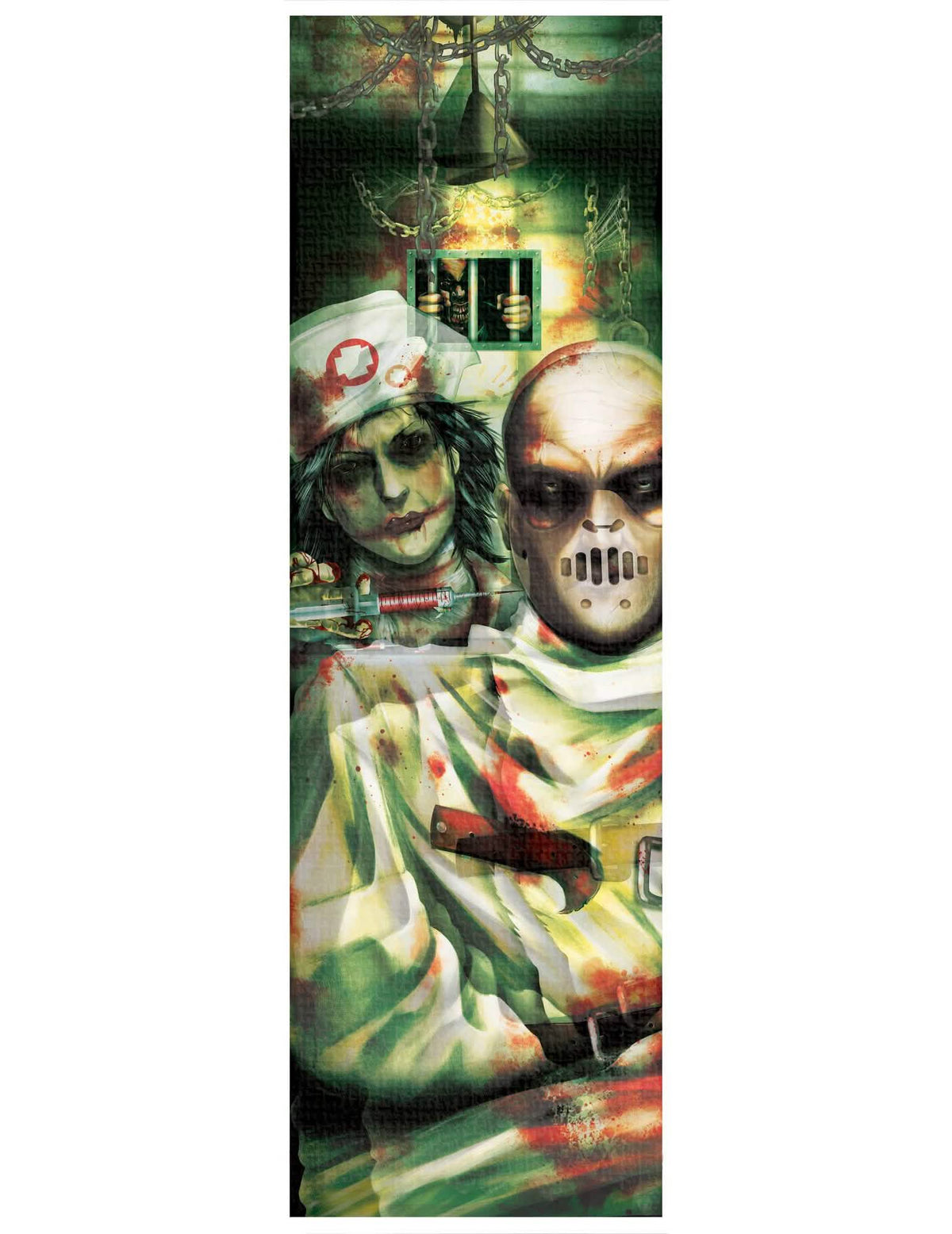 Detalhe da enfermeira e do paciente mascarado da decoração de parede da enfermeira Zombie