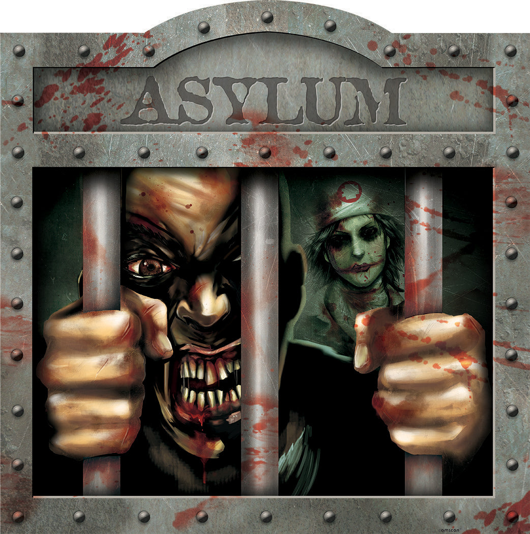 Décoration murale asile pour Halloween grise effet métal avec barreaux et monstres ensanglantés