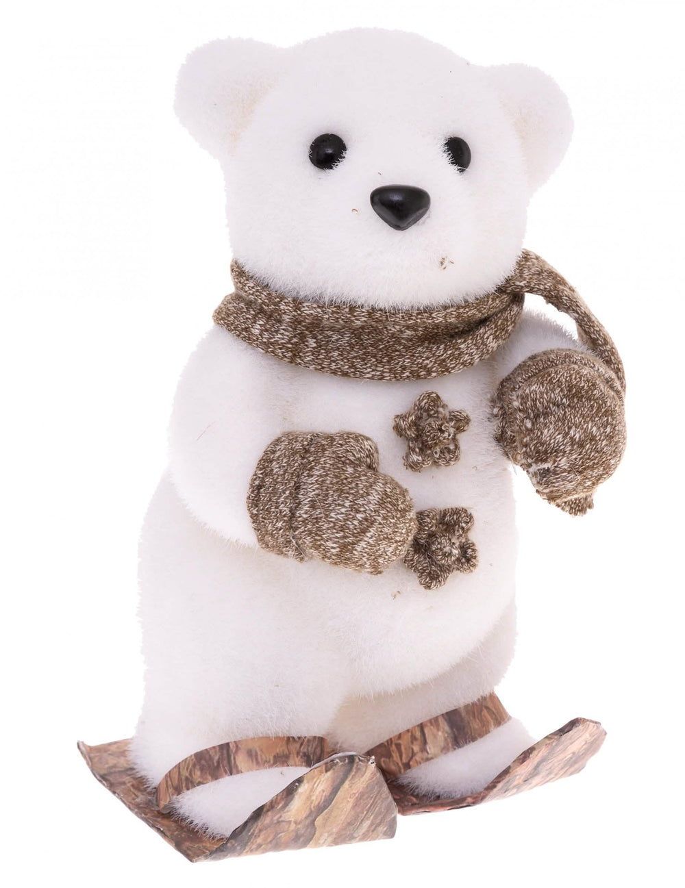 Decoração de urso polar a esquiar para natal branco com cachecol e luvas castanhas