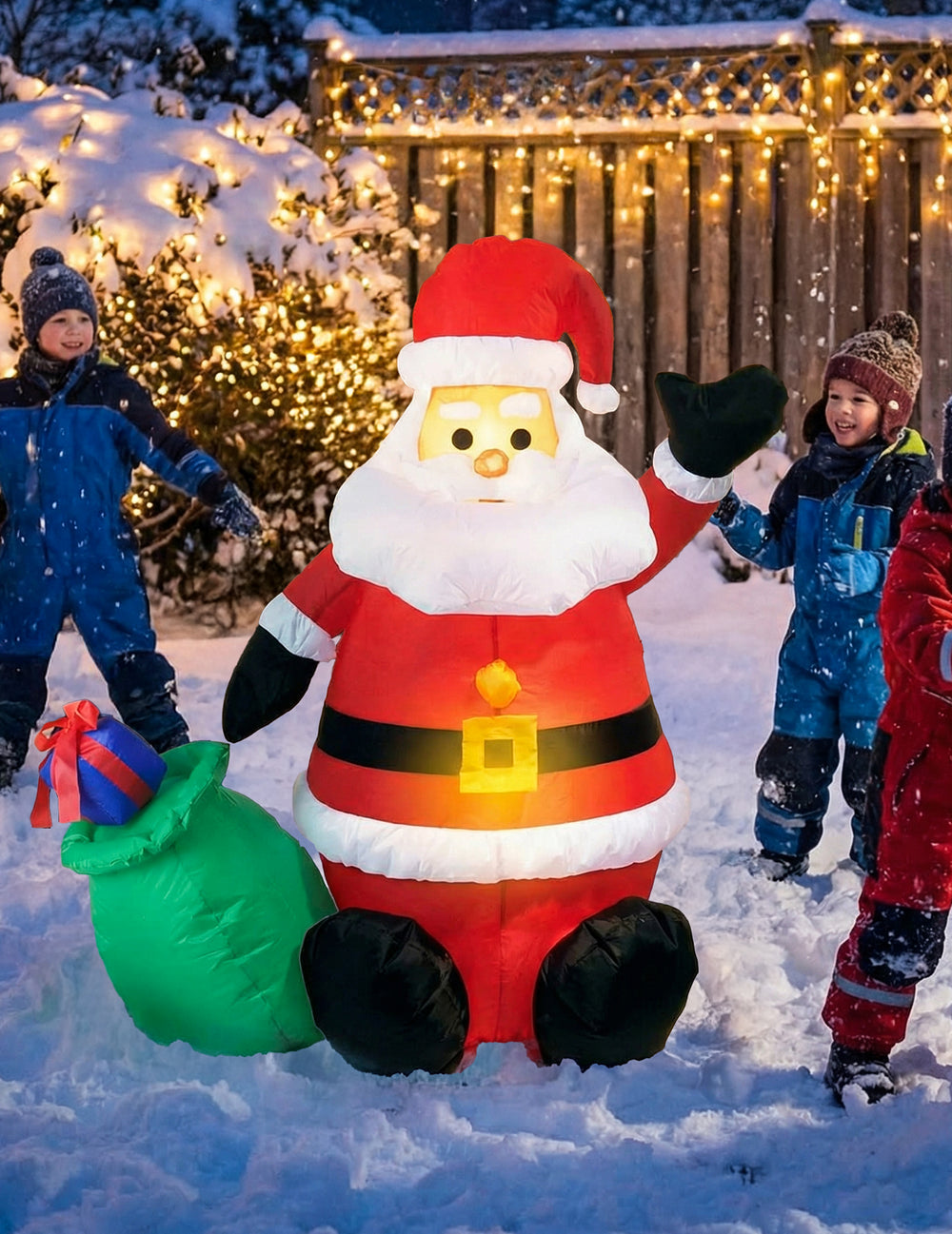 Décoration Père Noël gonflable et lumineux pour extérieur rouge et blanc avec sac vert
