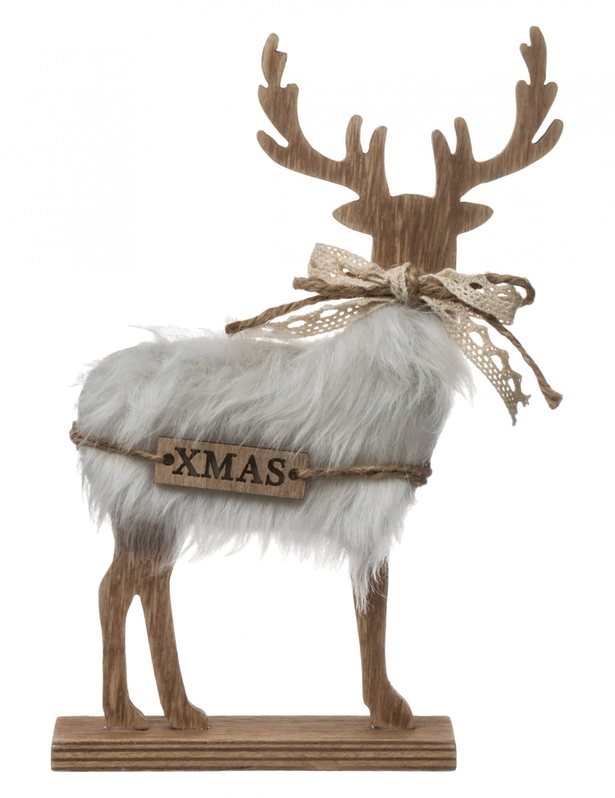 Decoração de rena para natal em madeira com pelo polar cinzento