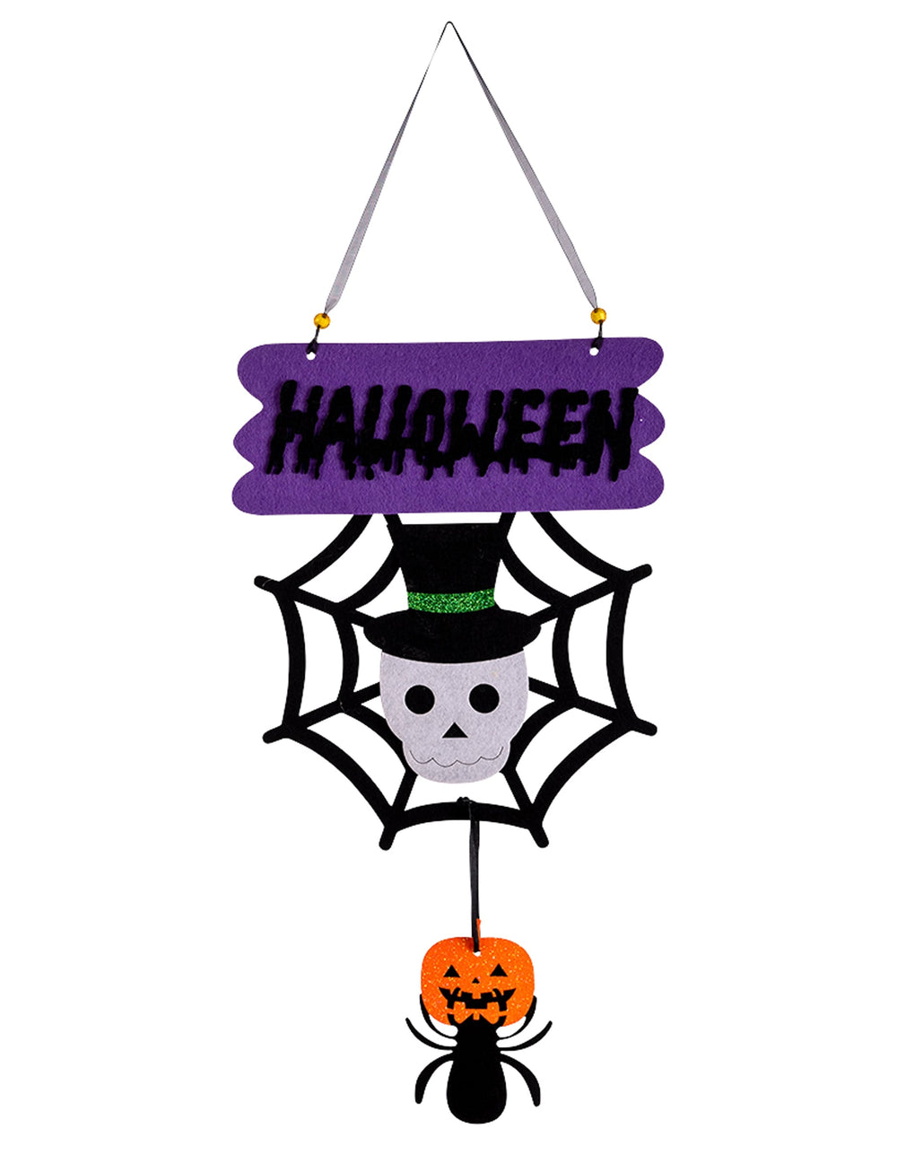 Décoration petit squelette pour Halloween violette et noire avec toile d'araignée et citrouille