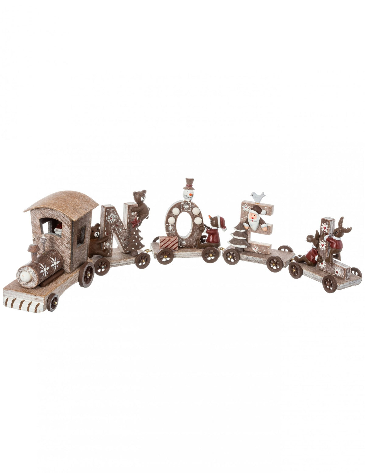 Train de Noël pour décoration en bois marron avec figurines et lettrage NOEL