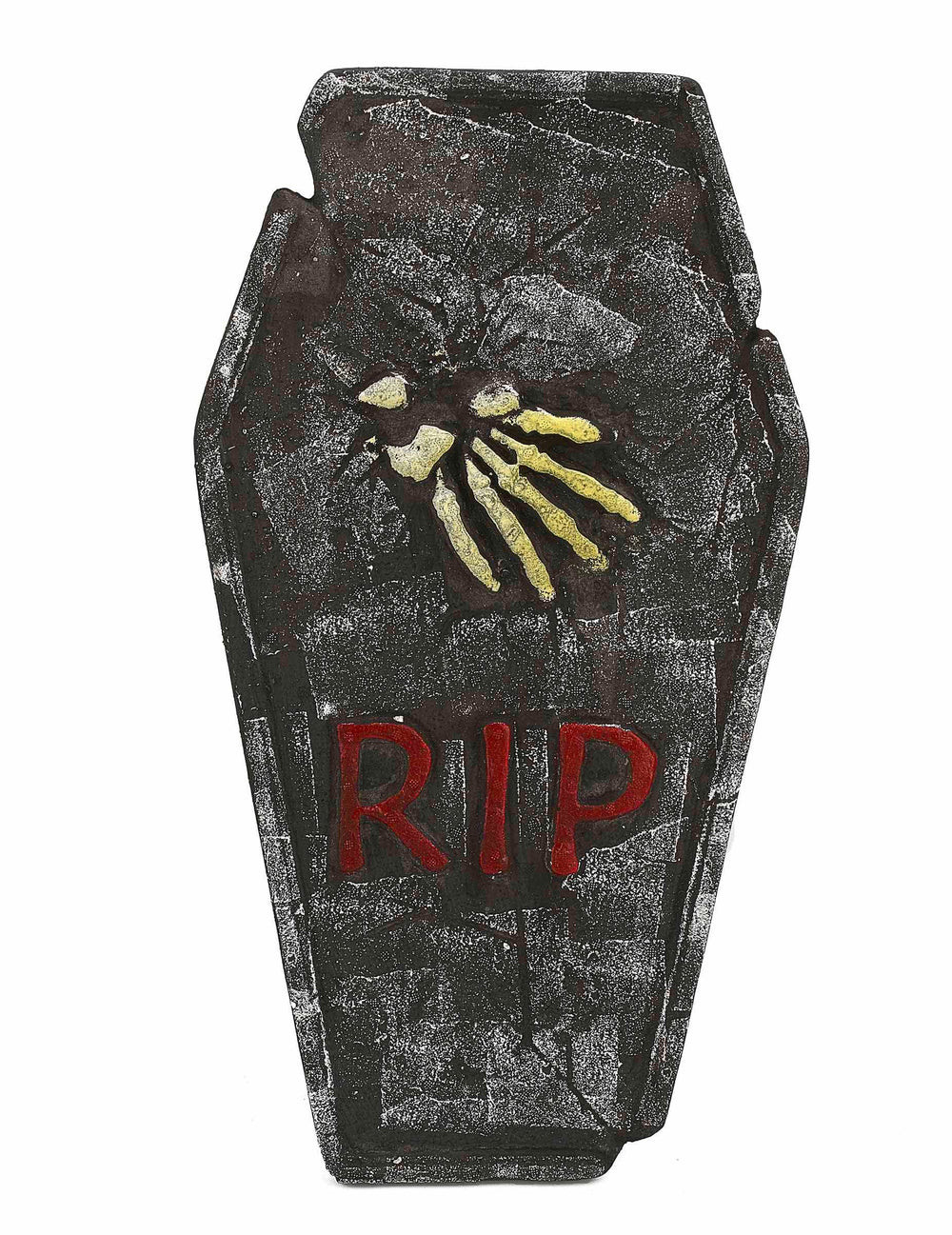Decoração de lápide cinzenta de halloween com inscrição RIP vermelho e mão de esqueleto