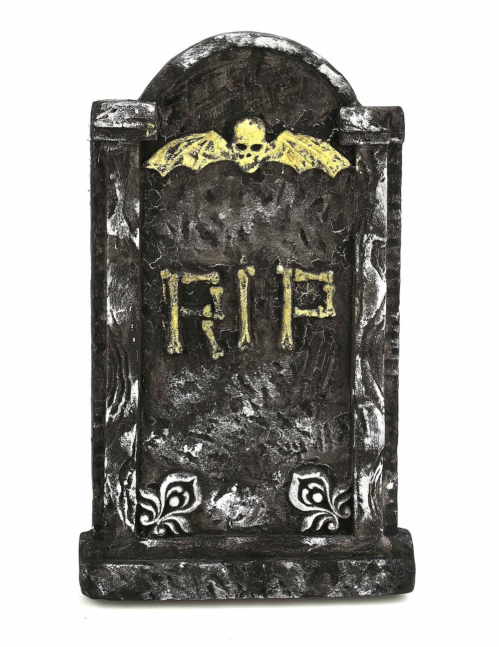 Decoração de pedra tumular halloween cinzenta e dourada com caveira alada e inscrição RIP