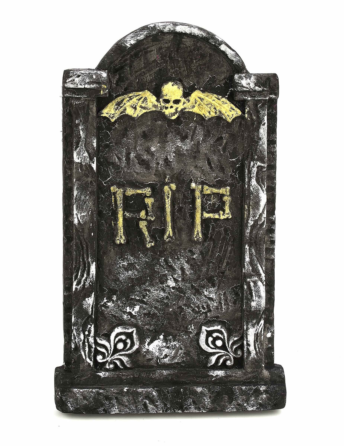 Decoração de pedra tumular halloween cinzenta e dourada com caveira alada e inscrição RIP