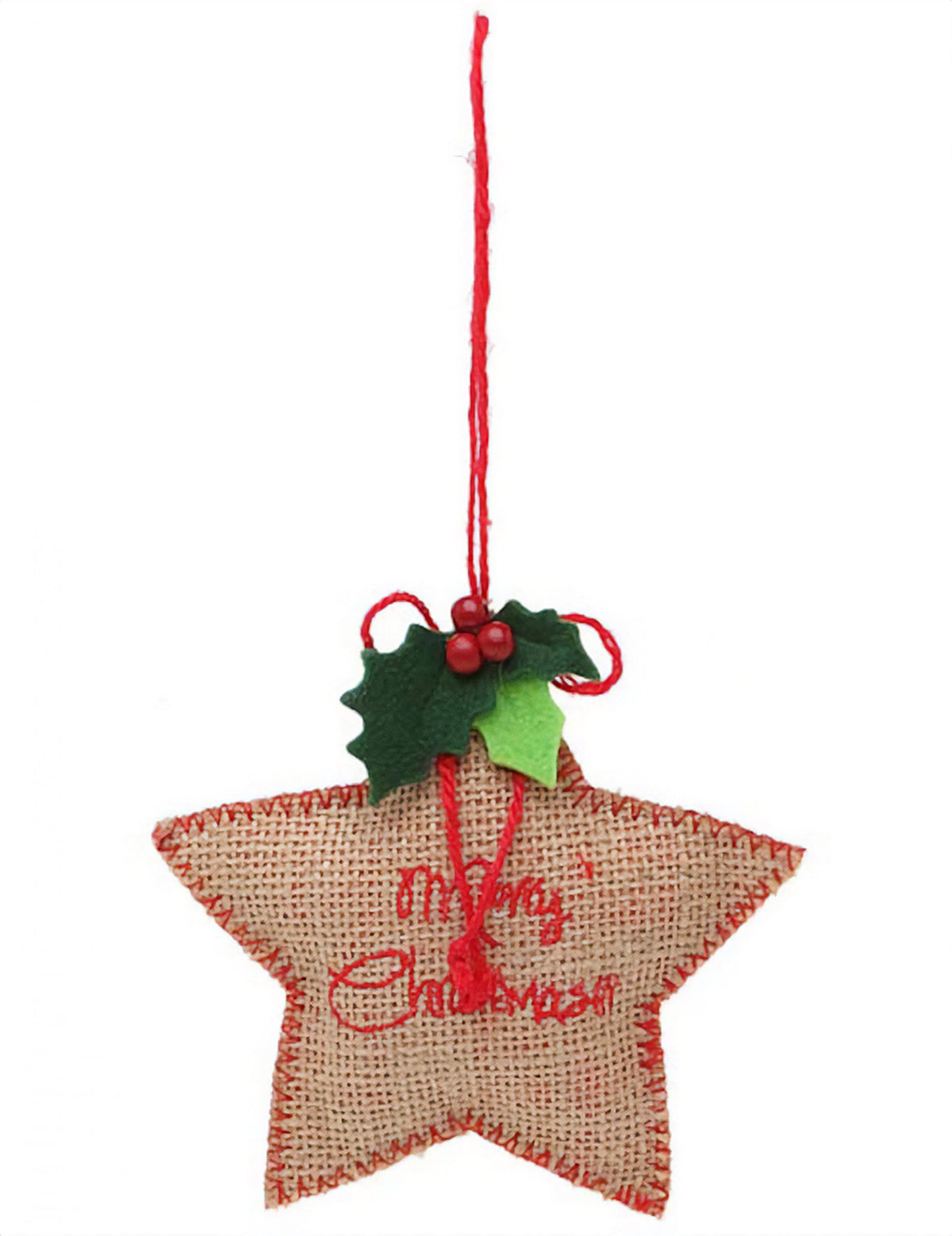 Suspension étoile en tissu Merry Christmas pour Noël en toile de jute marron et rouge avec houx