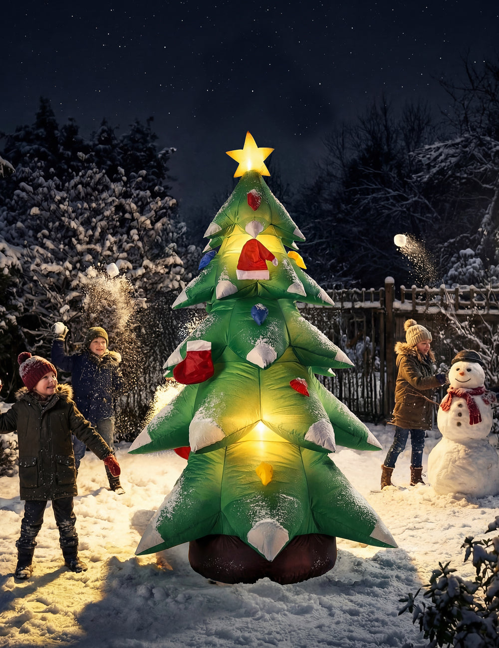 Décoration sapin de Noël gonflable et lumineux vert avec étoile jaune et bonnets rouges