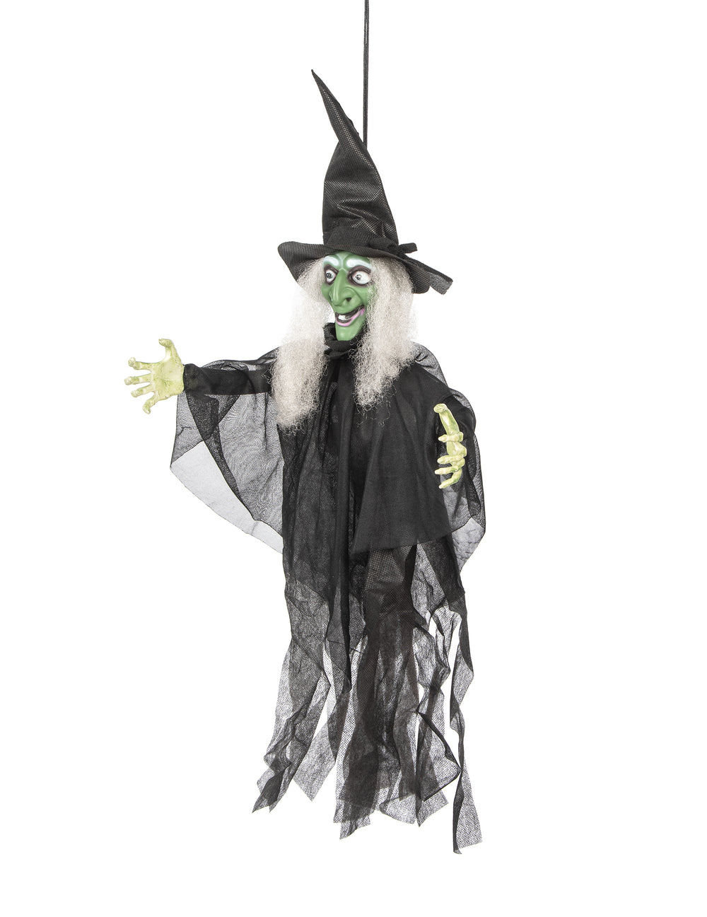 Vue de profil de la décoration sorcière animée lumineuse et parlante pour Halloween