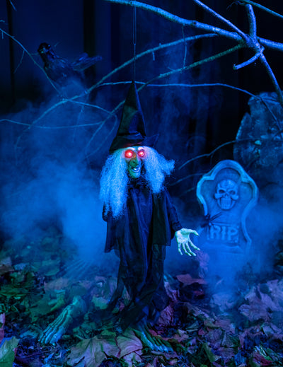 Decoração bruxa animada luminosa e autofalante halloween