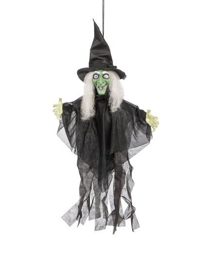 Décoration sorcière animée lumineuse et parlante pour Halloween noire et verte