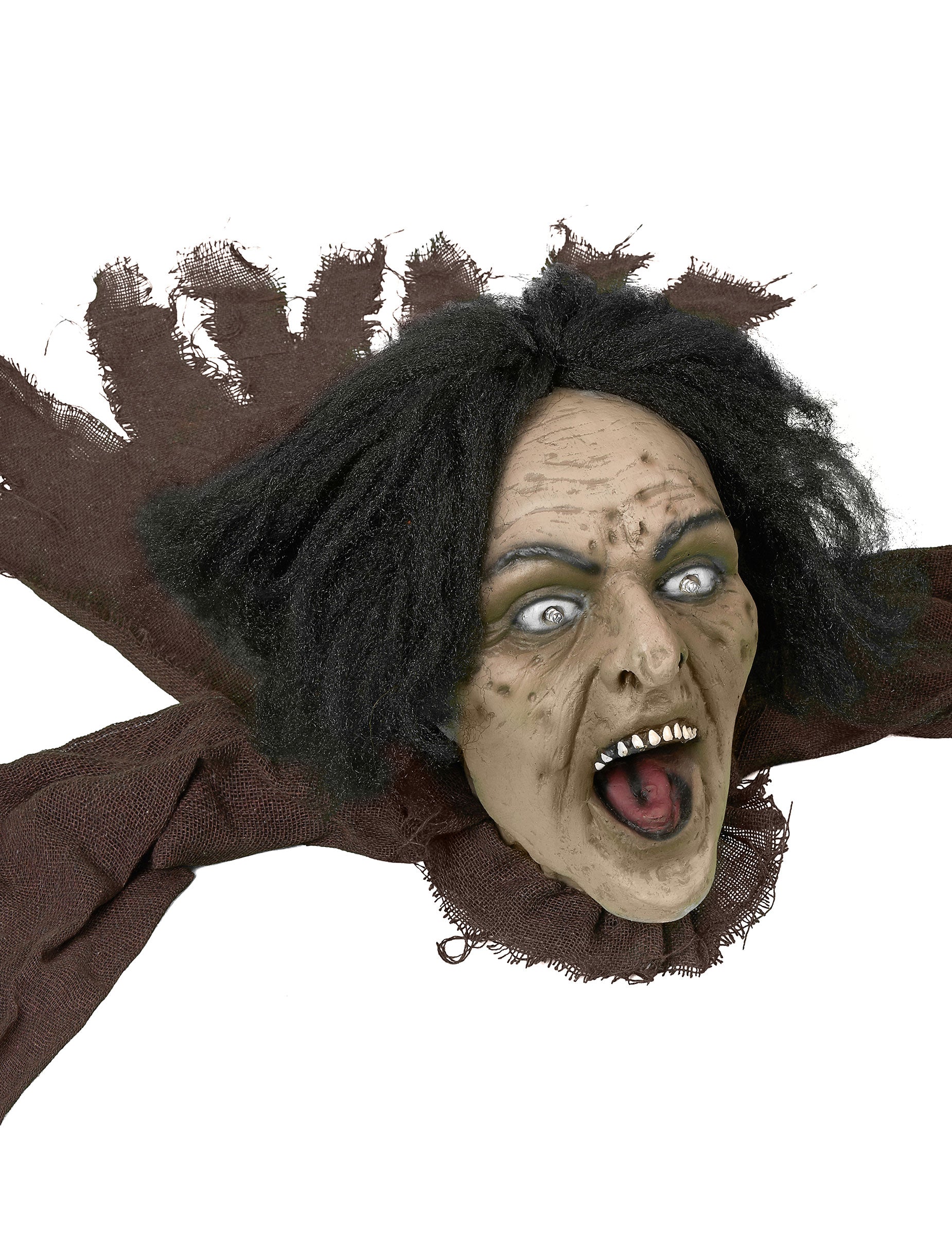 Gros plan sur le visage effrayant de la décoration sorcière sonore et lumineuse pour Halloween