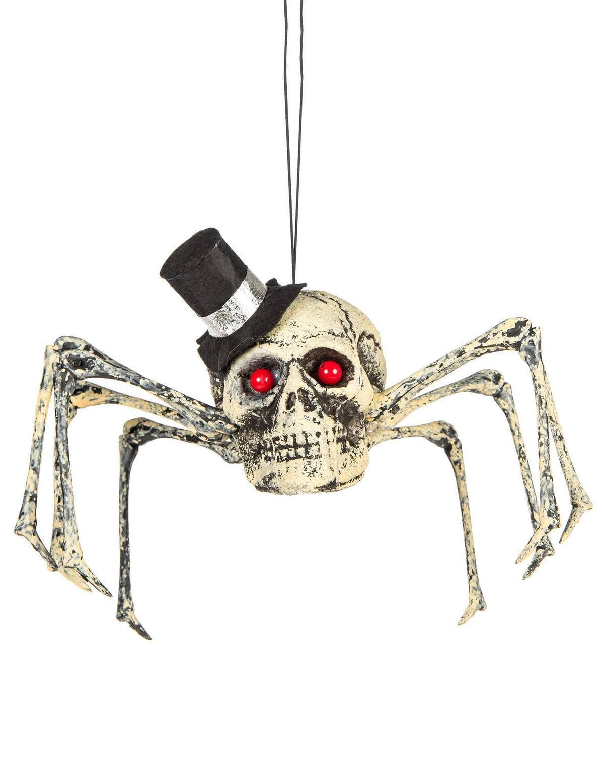 Decoração esqueleto aranha para halloween bege com chapéu alto e olhos vermelhos