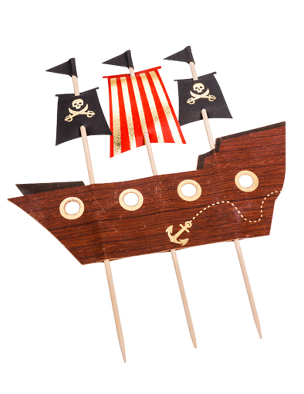 Décoration sur pic bateau pirate cake topper marron et rouge à têtes de mort