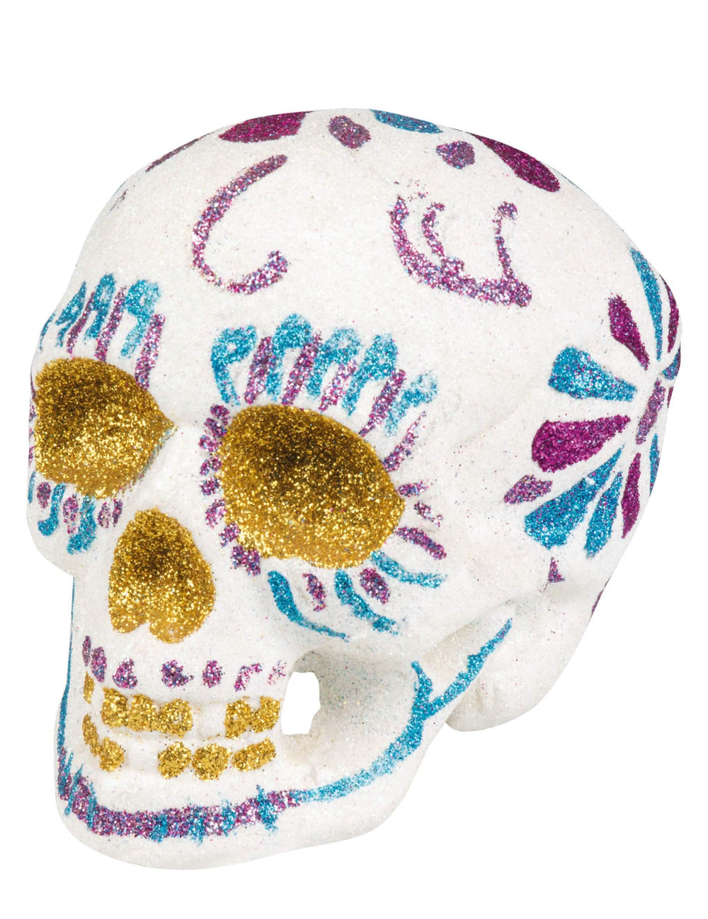 Decoração cabeça de morto Dia de los muertos para halloween branca cintilante com lantejoulas douradas e roxas