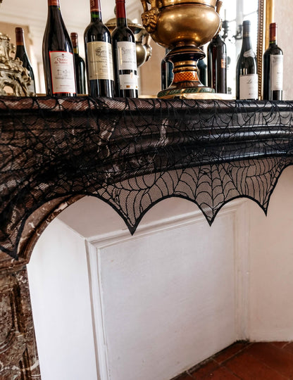 Decoração de teia de aranha em renda preta 43 cm x 2,50 m