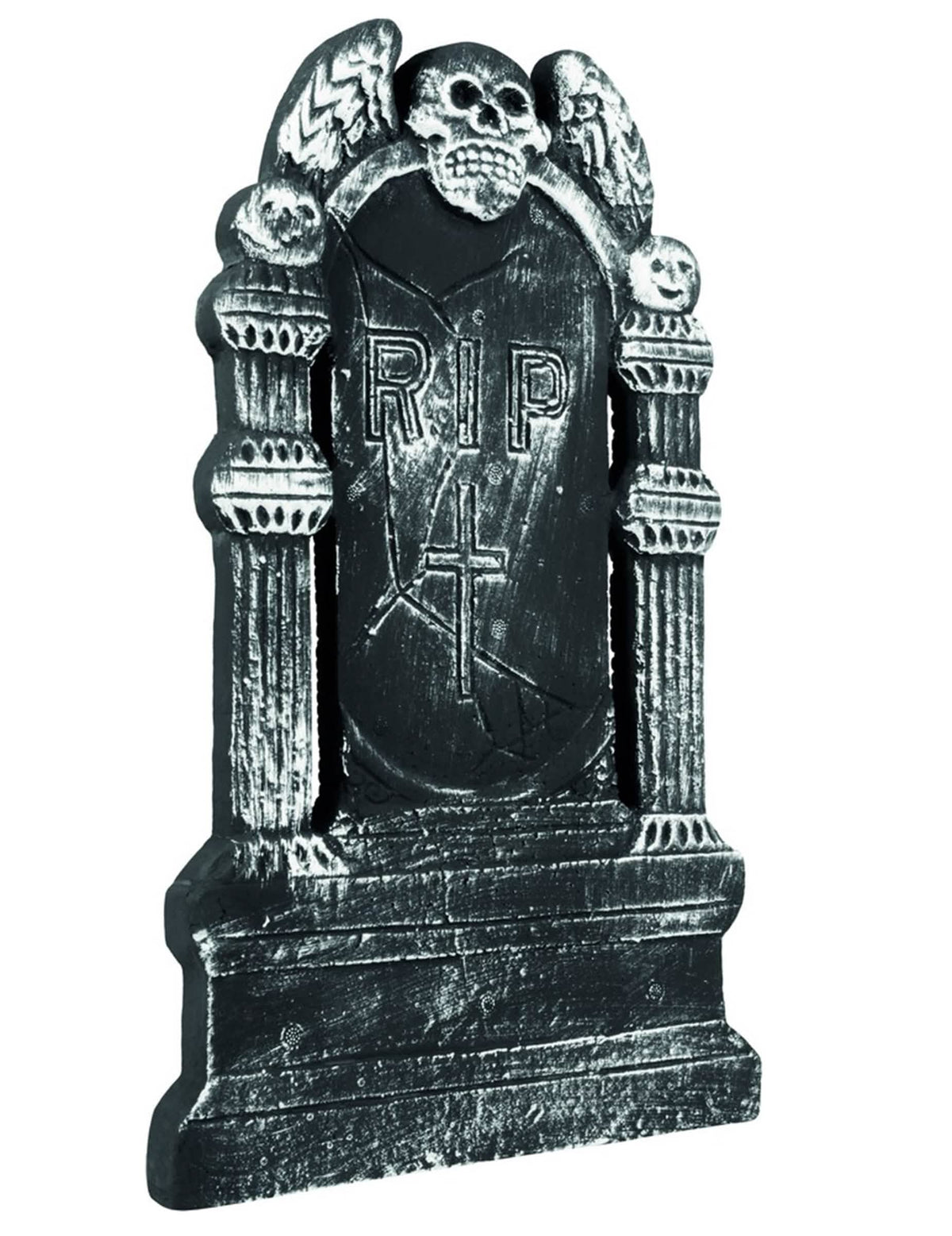 Decoração de túmulo de esqueleto para halloween cinzenta e preta com crânios e inscrição RIP