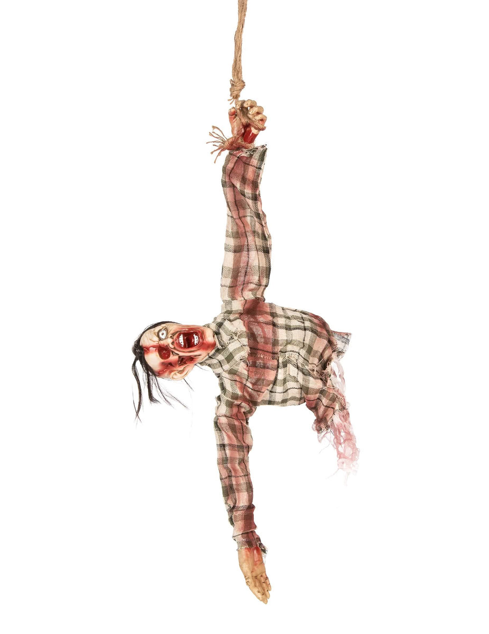 Decoração de torso de zombie para halloween suspenso com camisa aos quadrados ensanguentada