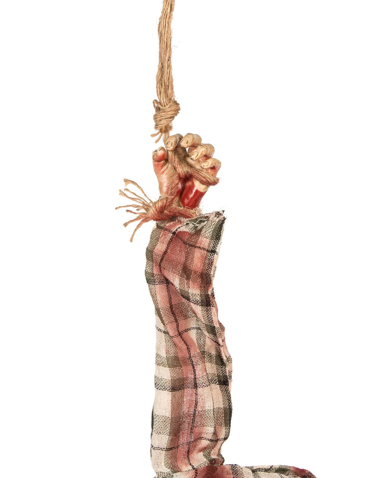 Detalhe da mão suspensa por uma corda da decoração de torso de zombie para halloween