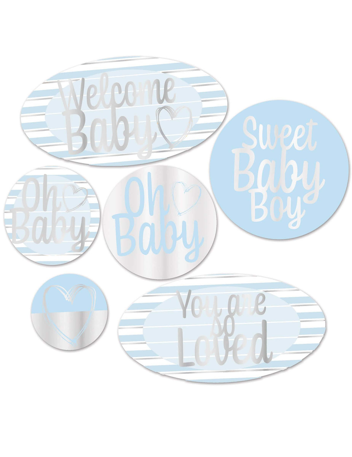 Decorações em cartão Welcome Baby para baby shower menino azuis e prateadas