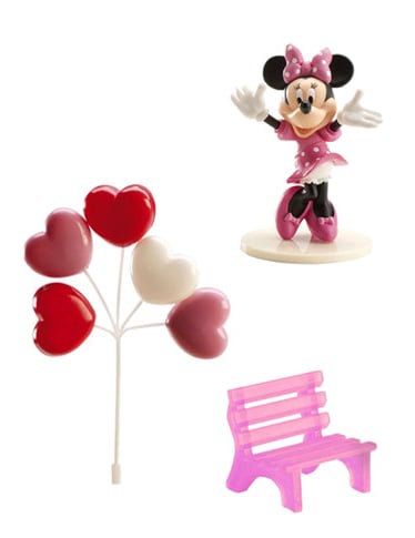 Kit de décorations gâteaux Minnie avec figurine banc rose et ballons coeurs