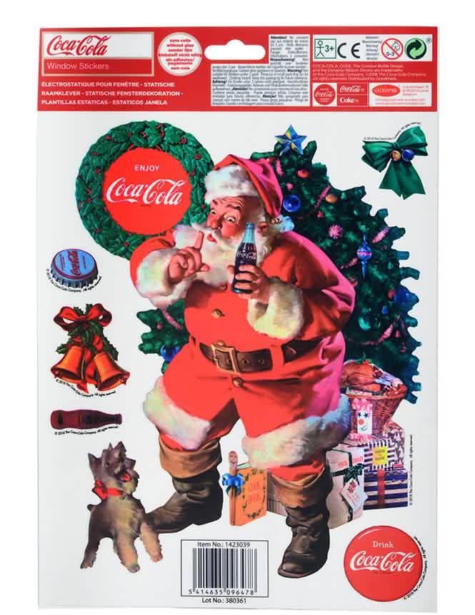 Detalhe dos autocolantes da decoração para janelas Coca-Cola pai natal