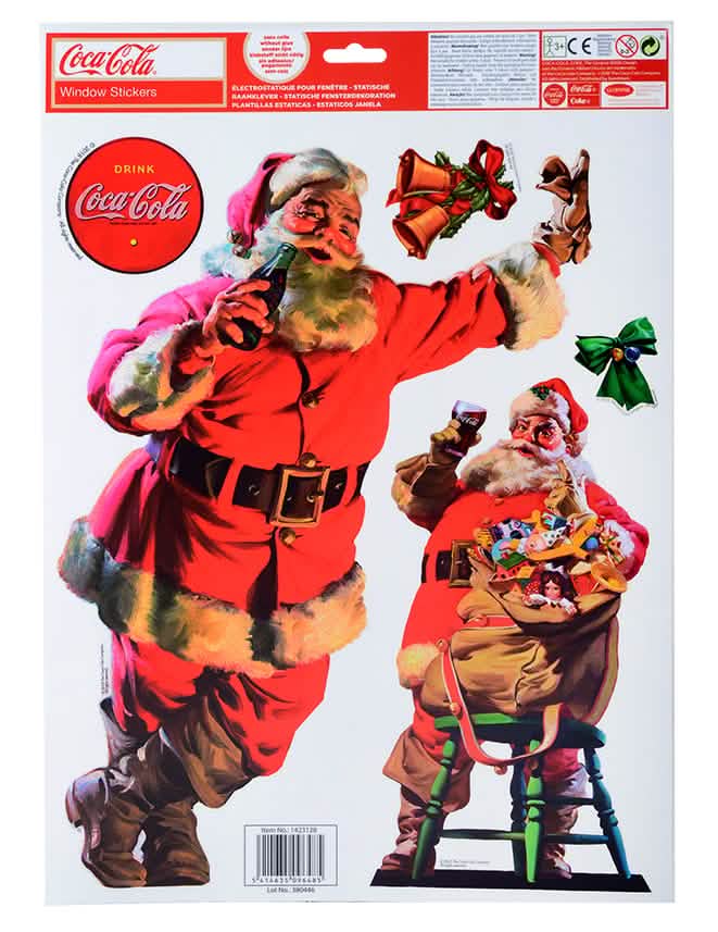 Detalhe dos motivos da folha de decorações para janelas Coca-Cola™ e pai natal