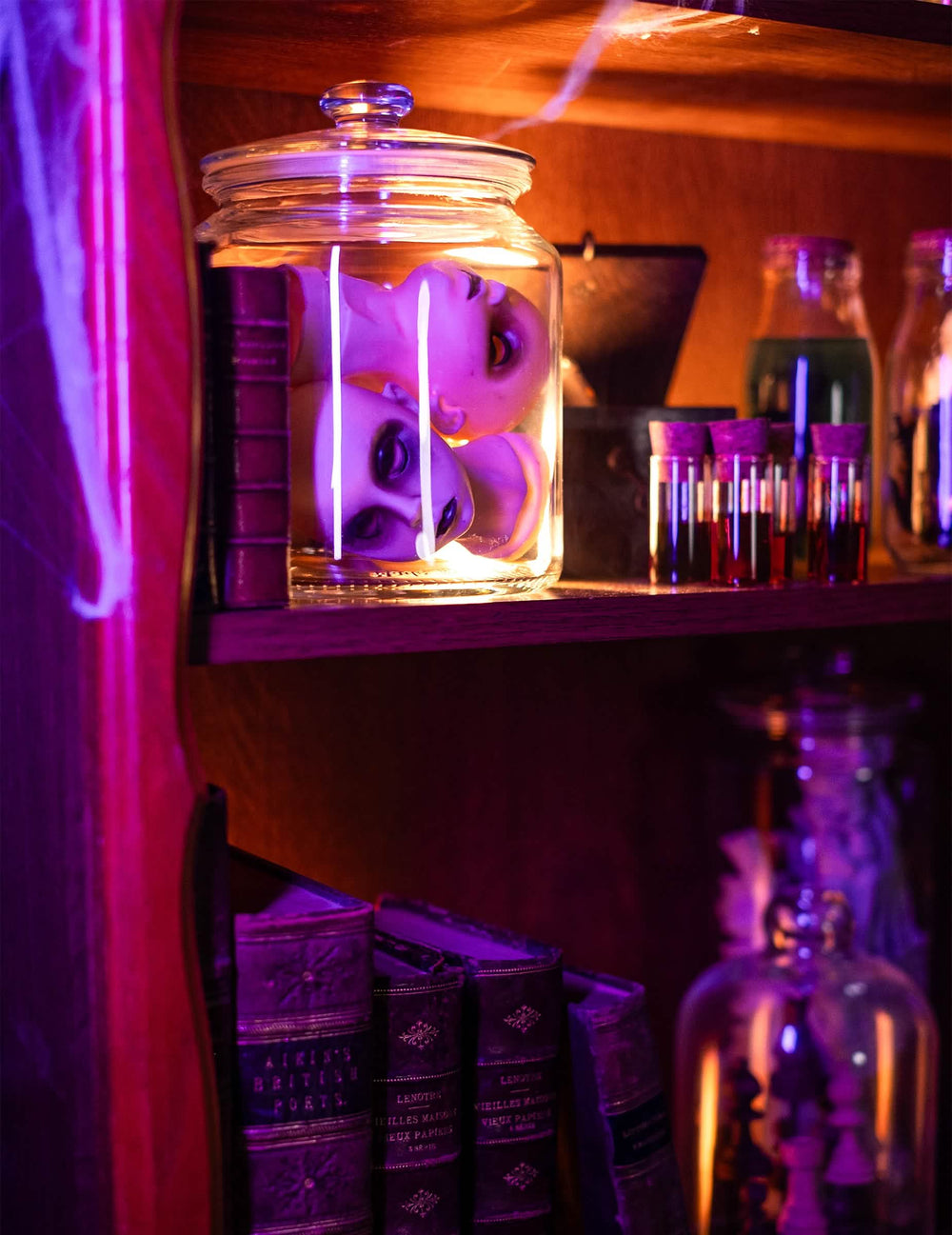 Cabeças de boneca num frasco, decorações de cabeças de boneca cadavéricas