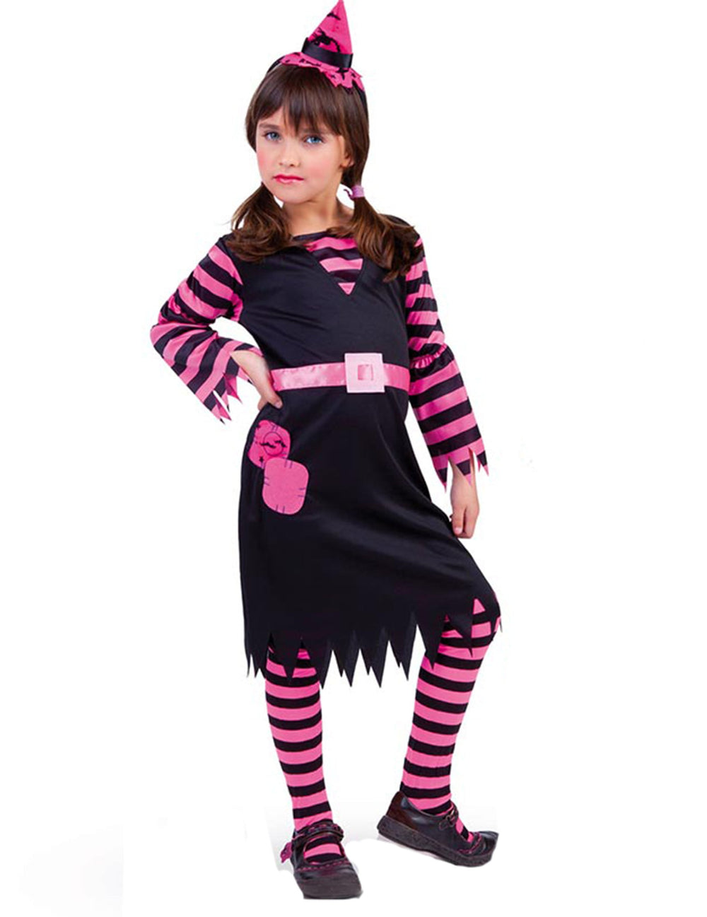 Déguisement de sorcière pour fille noir et rose avec chapeau et rayures
