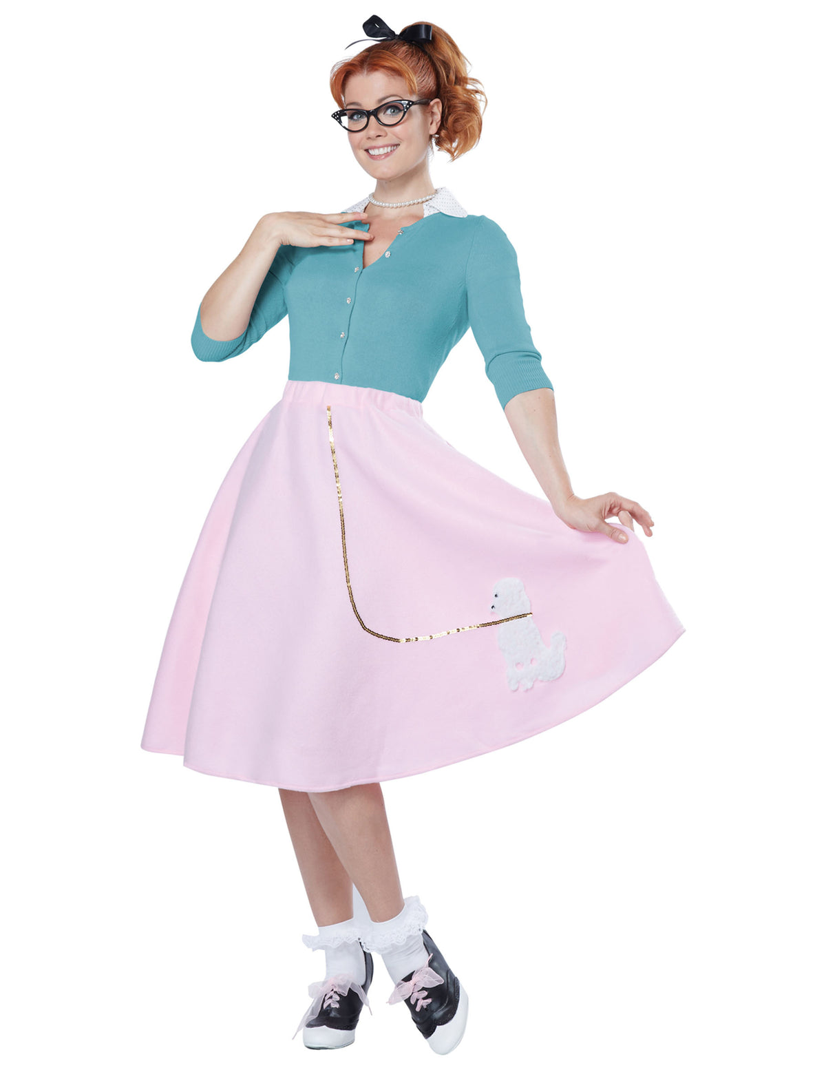 Déguisement 50's pour femme rose avec cardigan bleu et motif caniche