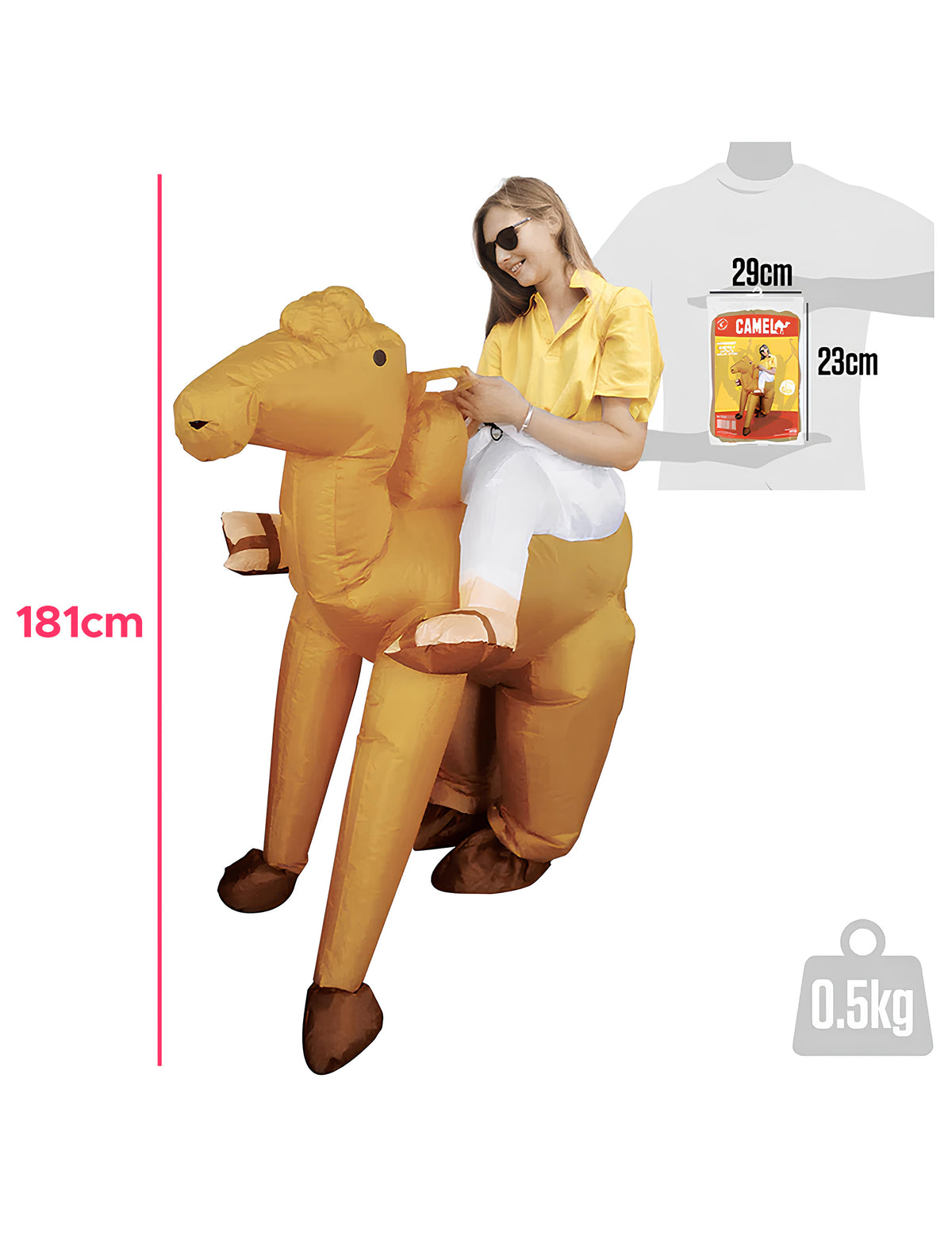 Dimensions et packaging du déguisement à dos de chameau pour adulte